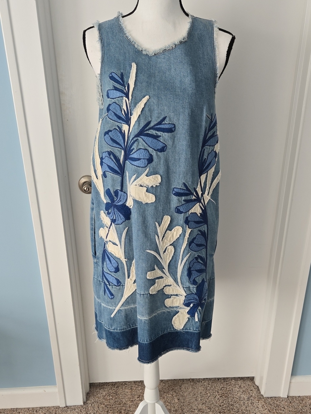 Holding Horses Denim Patch Aplique Floral Slip Dress M Blogger Favorite